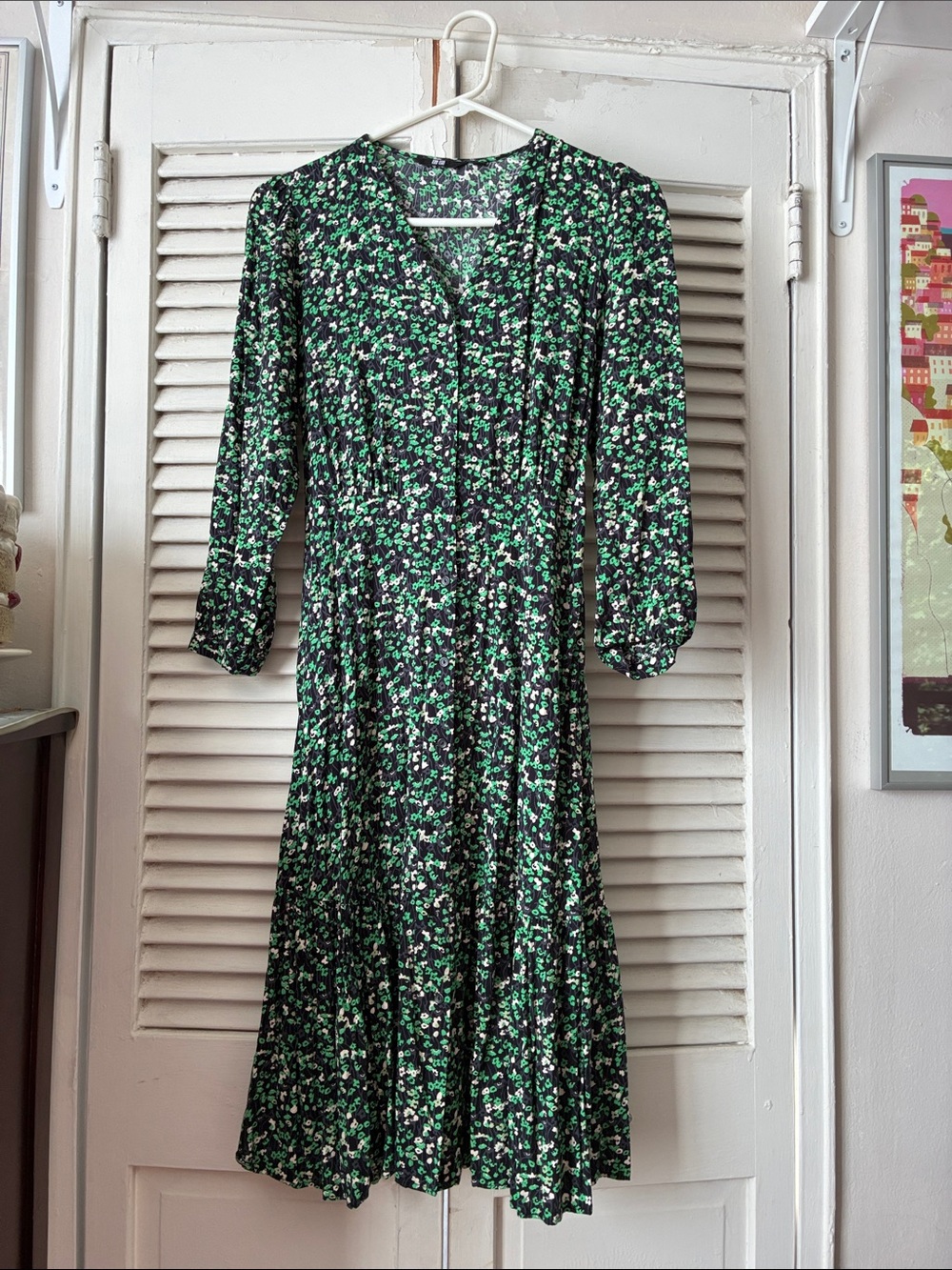 Uniqlo Green Floral Midi Dress - Women's Floral V-Neck Dress